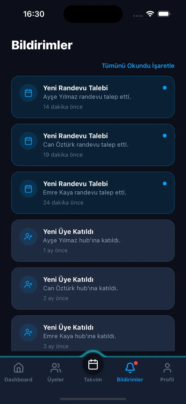Naptar bildirimler ekranı: randevu talepleri ve yeni üyeler