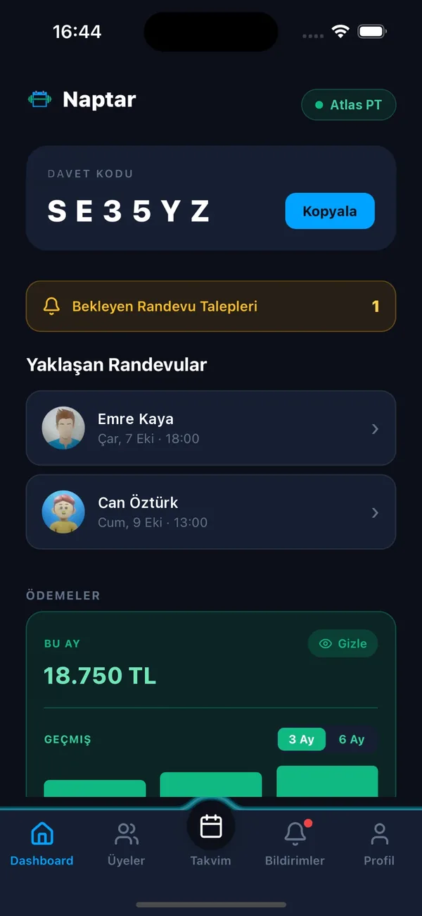 Naptar coach paneli: davet kodu, bekleyen talepler ve yaklaşan randevular