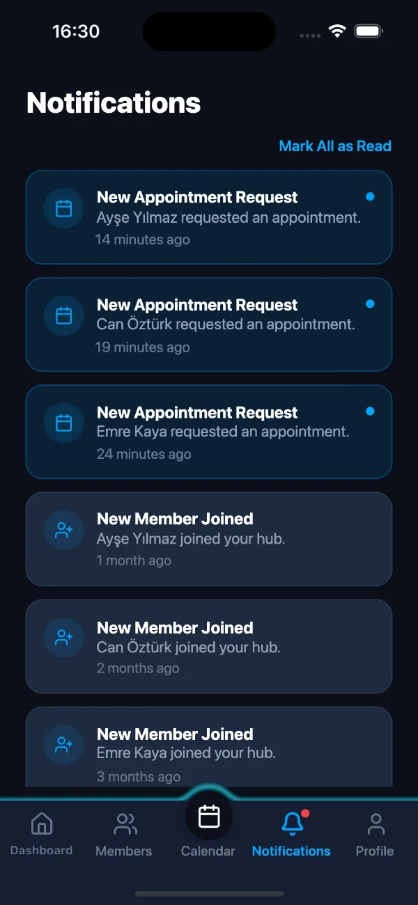 Naptar notifications screen: session requests and new clients