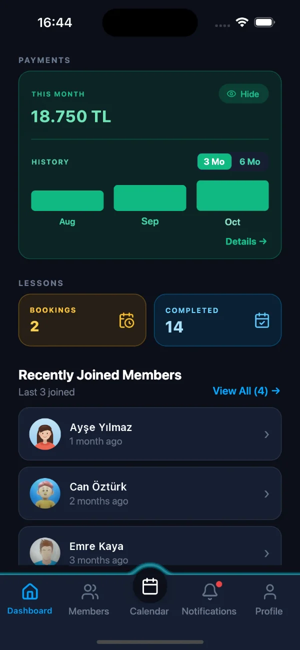 Naptar payments dashboard: monthly revenue and session counts