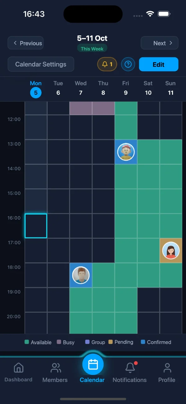 Naptar weekly availability and session calendar screen