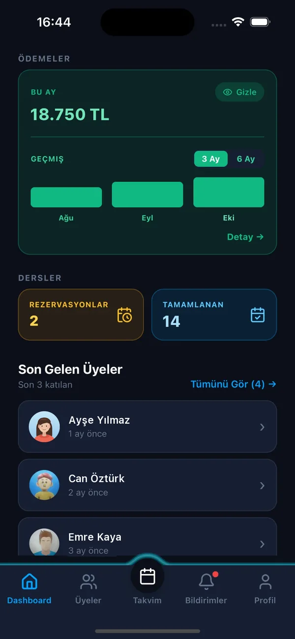 Naptar ödemeler paneli: aylık tahsilat ve ders sayıları