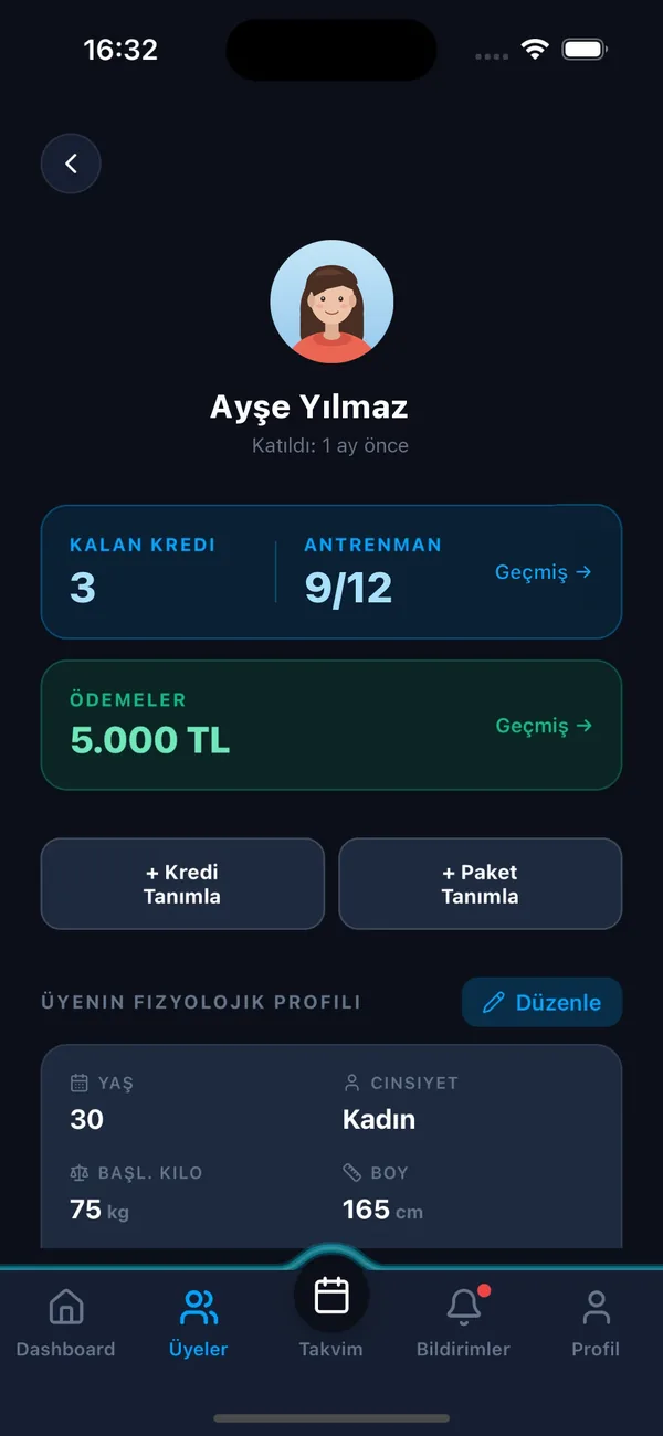 Naptar üye detay ekranı: kalan kredi, antrenman ve ödemeler